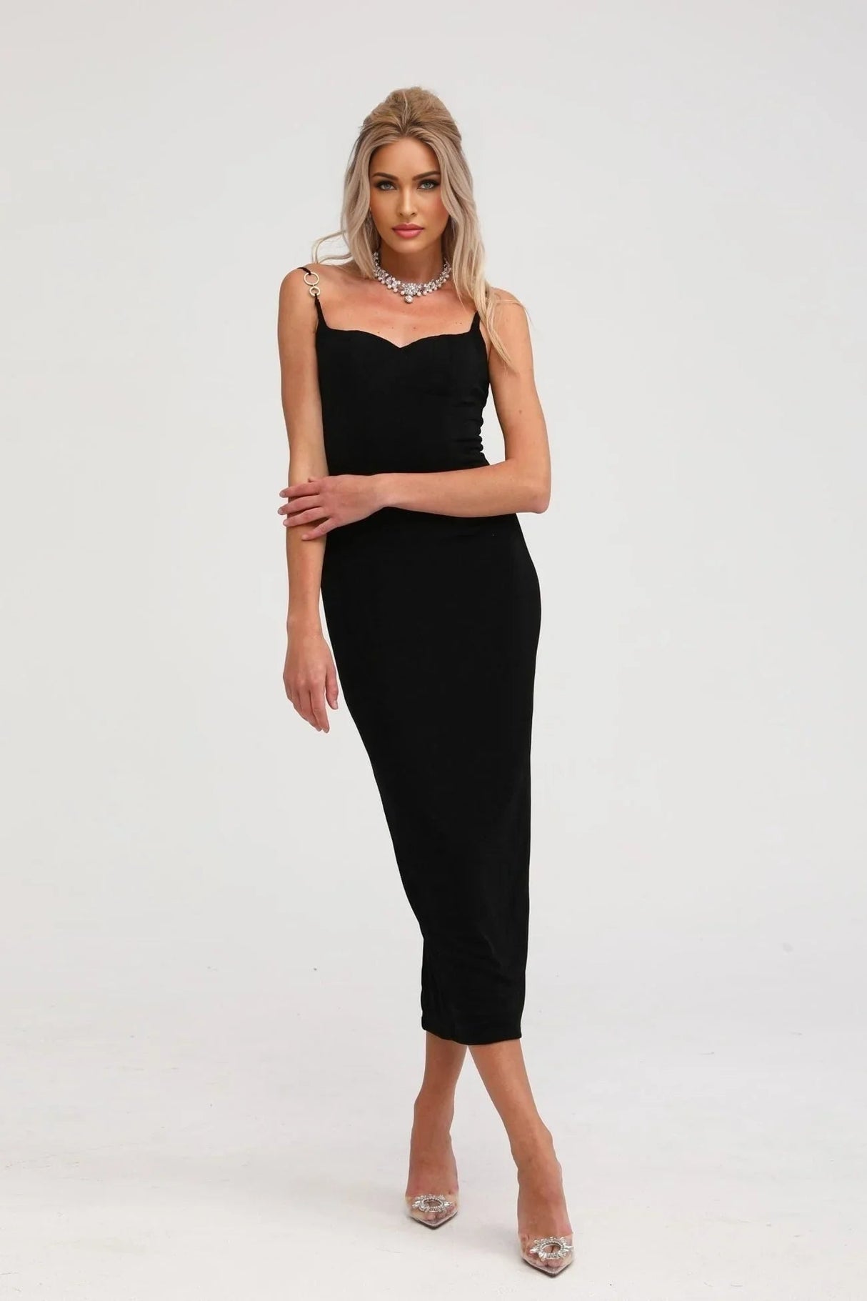 Kimberly Midi Dress Black Bustier Off - shoulder Design