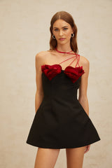 Kimberly Mini Dress - Halterneck - Sleeveless - Cinched Waist - 3D - Heart Motif - Flared Skirt