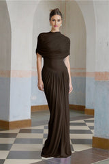 Kimberly Rich Brown Maxi Dress with Asymmetric Pleats and Draped Details
