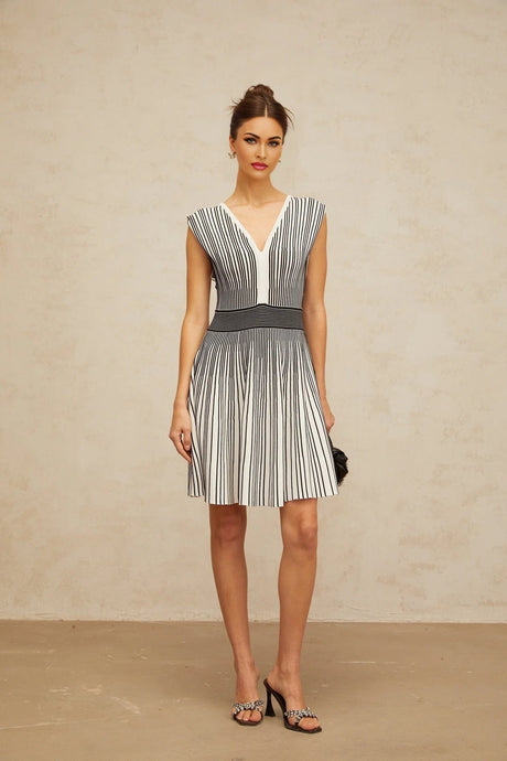 Kimora Mini Dress Black & White Vertical Stripe Knit Chichoria