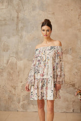 Kimora Mini Dress White & Multicolor Floral Smocked Rhinestone Embellished