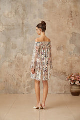 Kimora Mini Dress White & Multicolor Floral Smocked Rhinestone Embellished