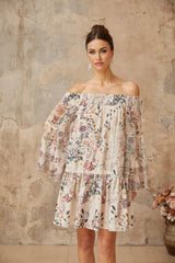 Kimora Mini Dress White & Multicolor Floral Smocked Rhinestone Embellished