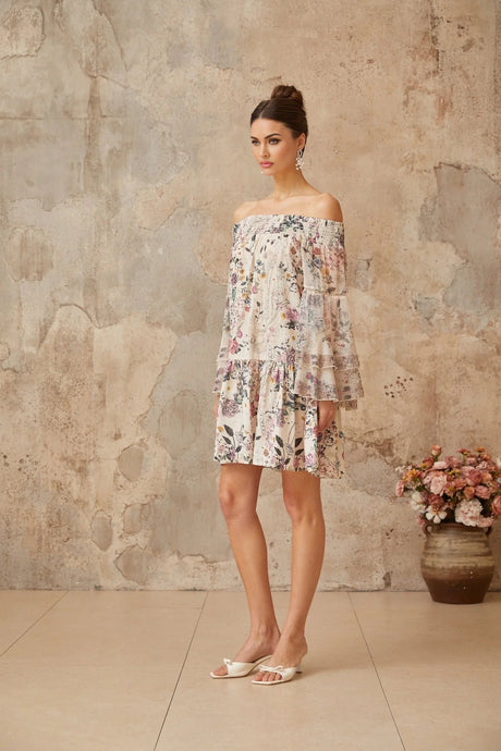 Kimora Mini Dress White & Multicolor Floral Smocked Rhinestone Embellished