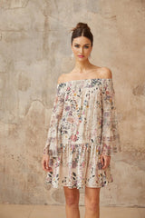 Kimora Mini Dress White & Multicolor Floral Smocked Rhinestone Embellished