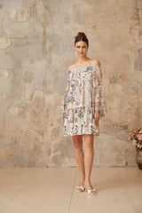 Kimora Mini Dress White & Multicolor Floral Smocked Rhinestone Embellished