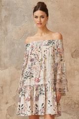 Kimora Mini Dress White & Multicolor Floral Smocked Rhinestone Embellished