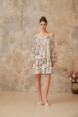 Kimora Mini Dress White & Multicolor Floral Smocked Rhinestone Embellished