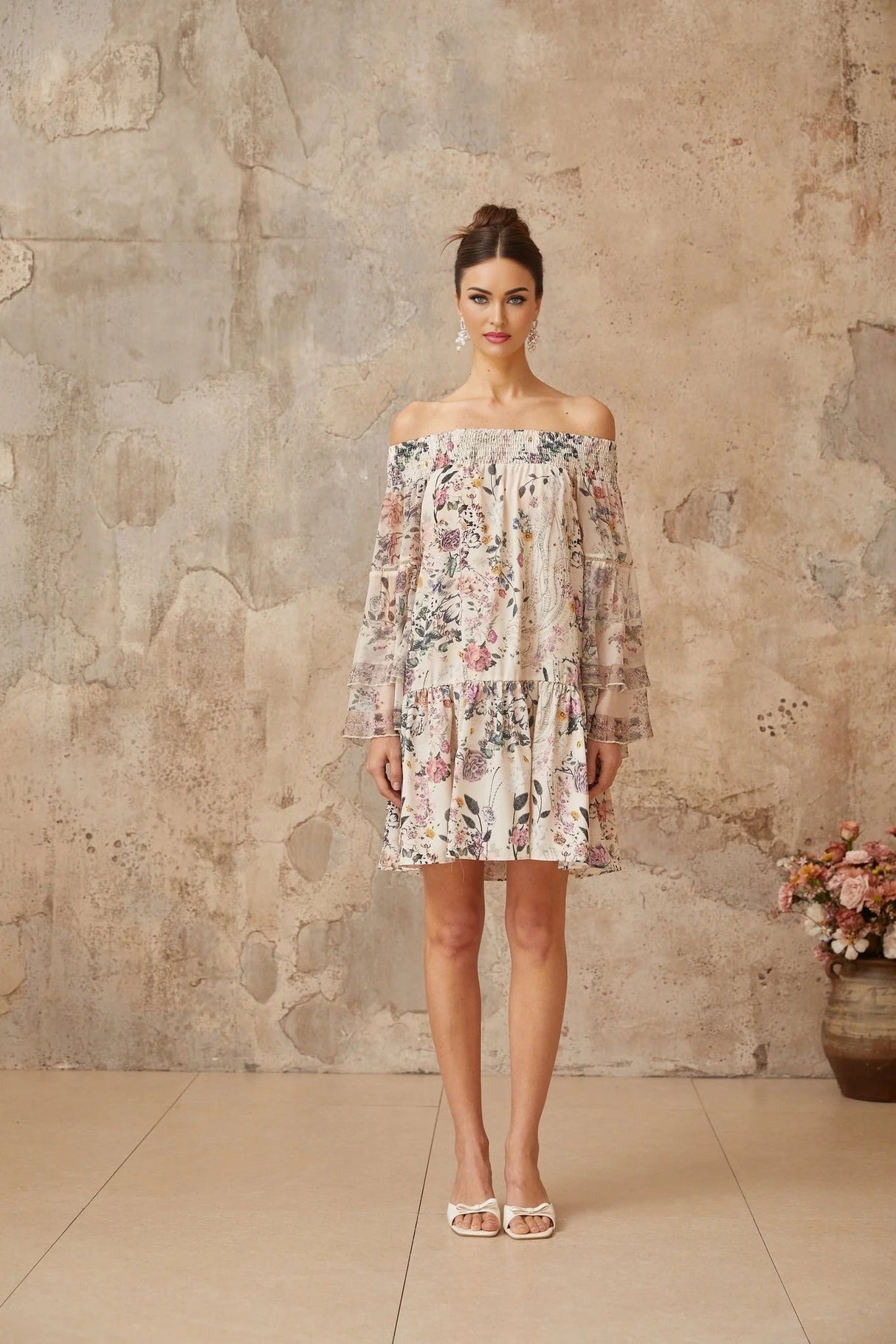 Kimora Mini Dress White & Multicolor Floral Smocked Rhinestone Embellished