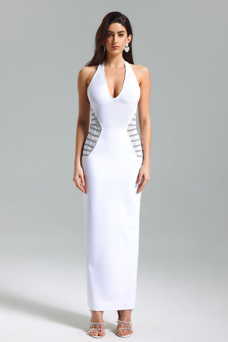 Kimora White Halter Neckline Bodycon Dress with Side Panels