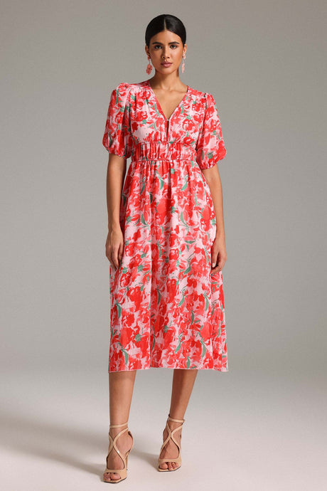 Kylie Red Floral Print Smocked Waist Dress