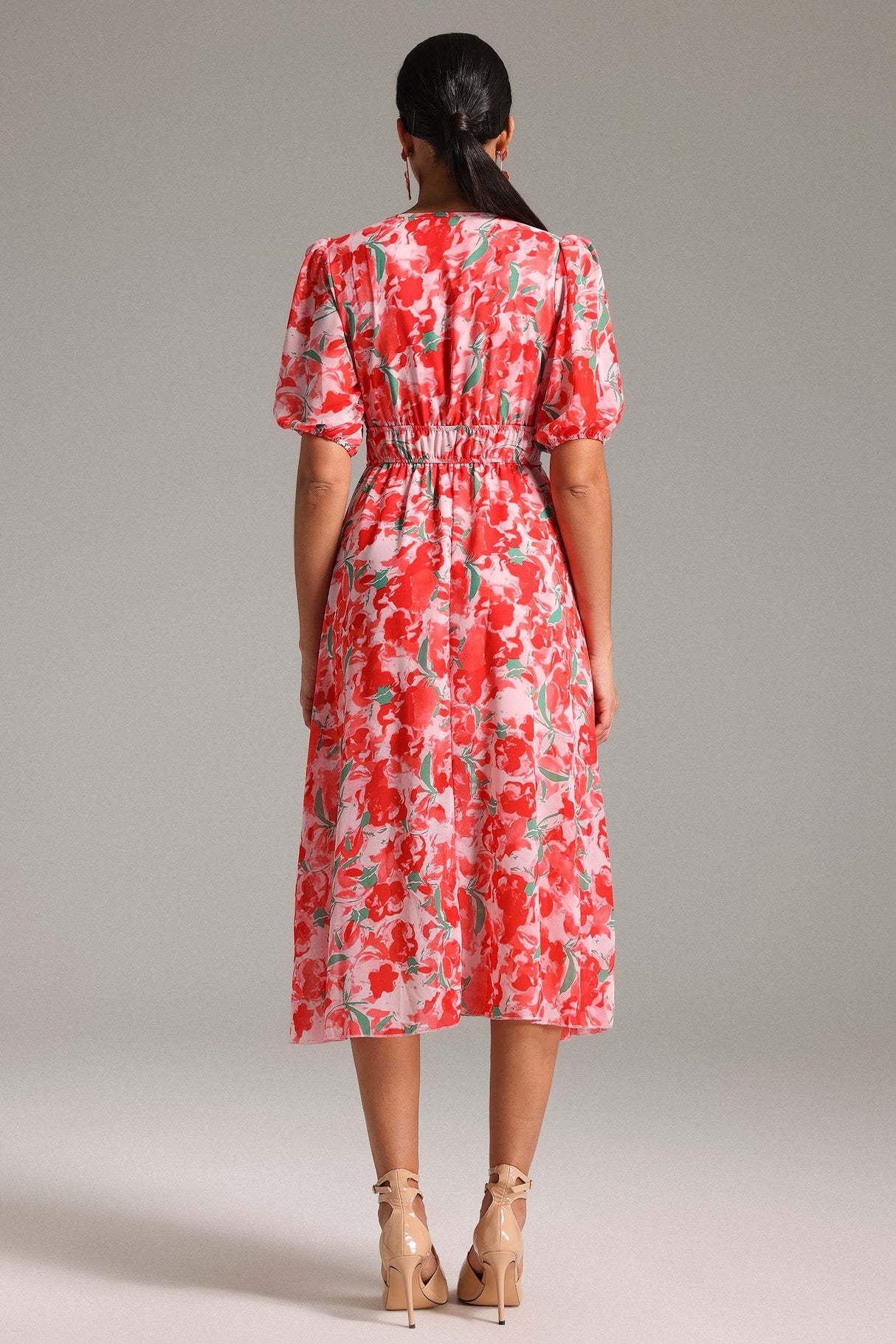Kylie Red Floral Print Smocked Waist Dress