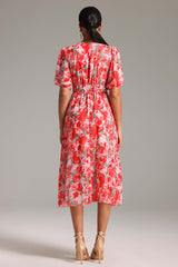 Kylie Red Floral Print Smocked Waist Dress