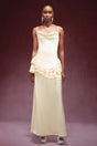Kylie Yellow Satin Cowl Neck Sleeveless Dress with Falbala Detailing for Formal Occasions