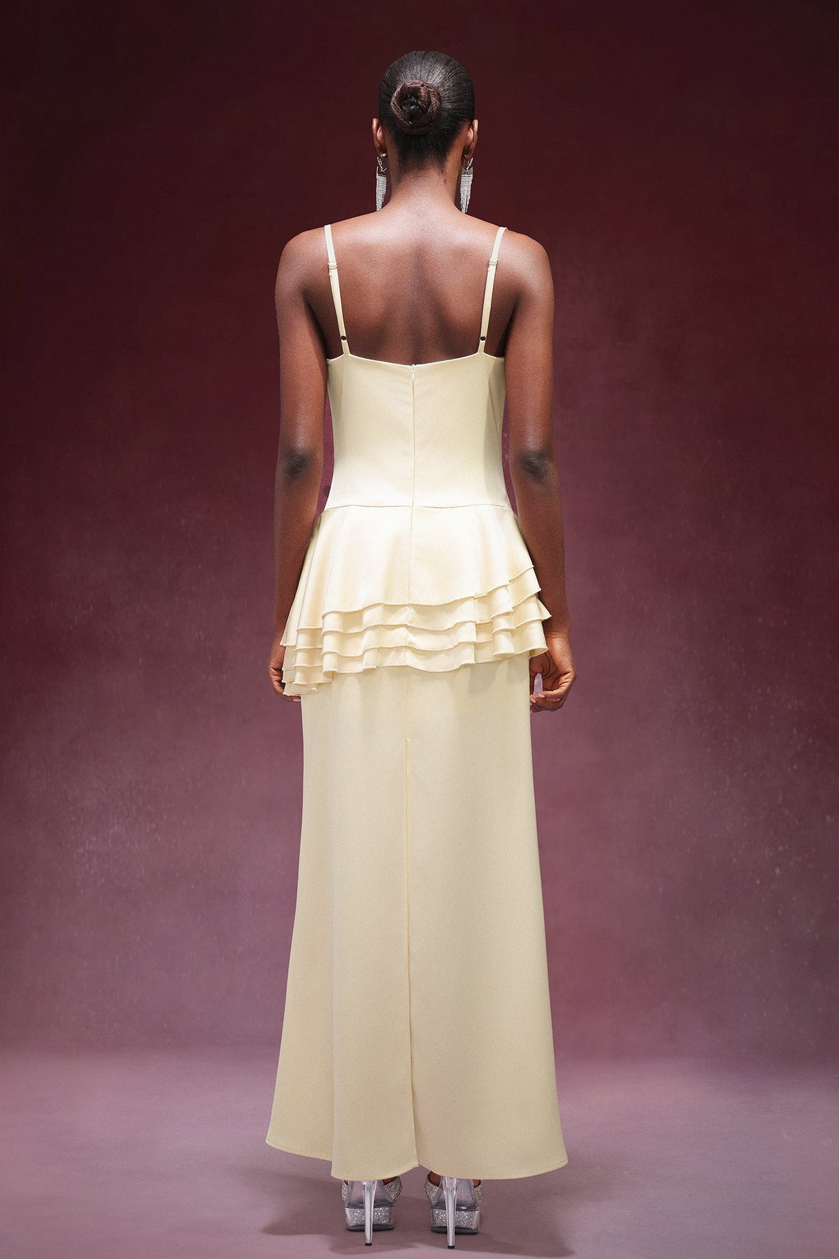 Kylie Yellow Satin Cowl Neck Sleeveless Formal Gown with Falbala Detailing