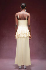 Kylie Yellow Satin Cowl Neck Sleeveless Formal Gown with Falbala Detailing