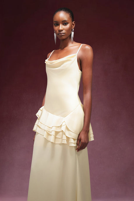 Kylie Yellow Satin Cowl Neck Sleeveless Gown with Falbala Detailing