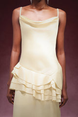 Kylie Yellow Satin Sleeveless Cowl Neck Falbala Detail Formal Gown