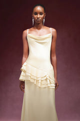 Kylie Yellow Satin Sleeveless Cowl Neck Falbala Detailing Formal Gown