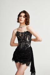 Kylitha black lace ribbon mini dress