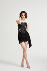 Kylitha black lace ribbon mini dress