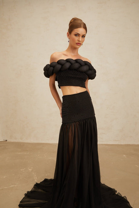 Lacey Crop Top - Off - the - shoulder - Braid Detail - Rhinestone Embellishments