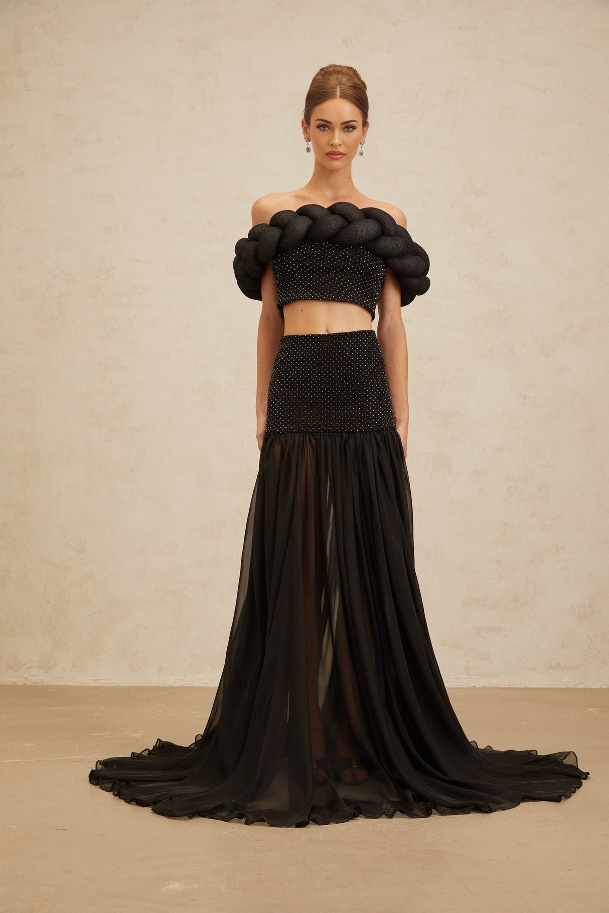 Lacey Crop Top - Off - the - shoulder - Braid Detail - Rhinestone Embellishments