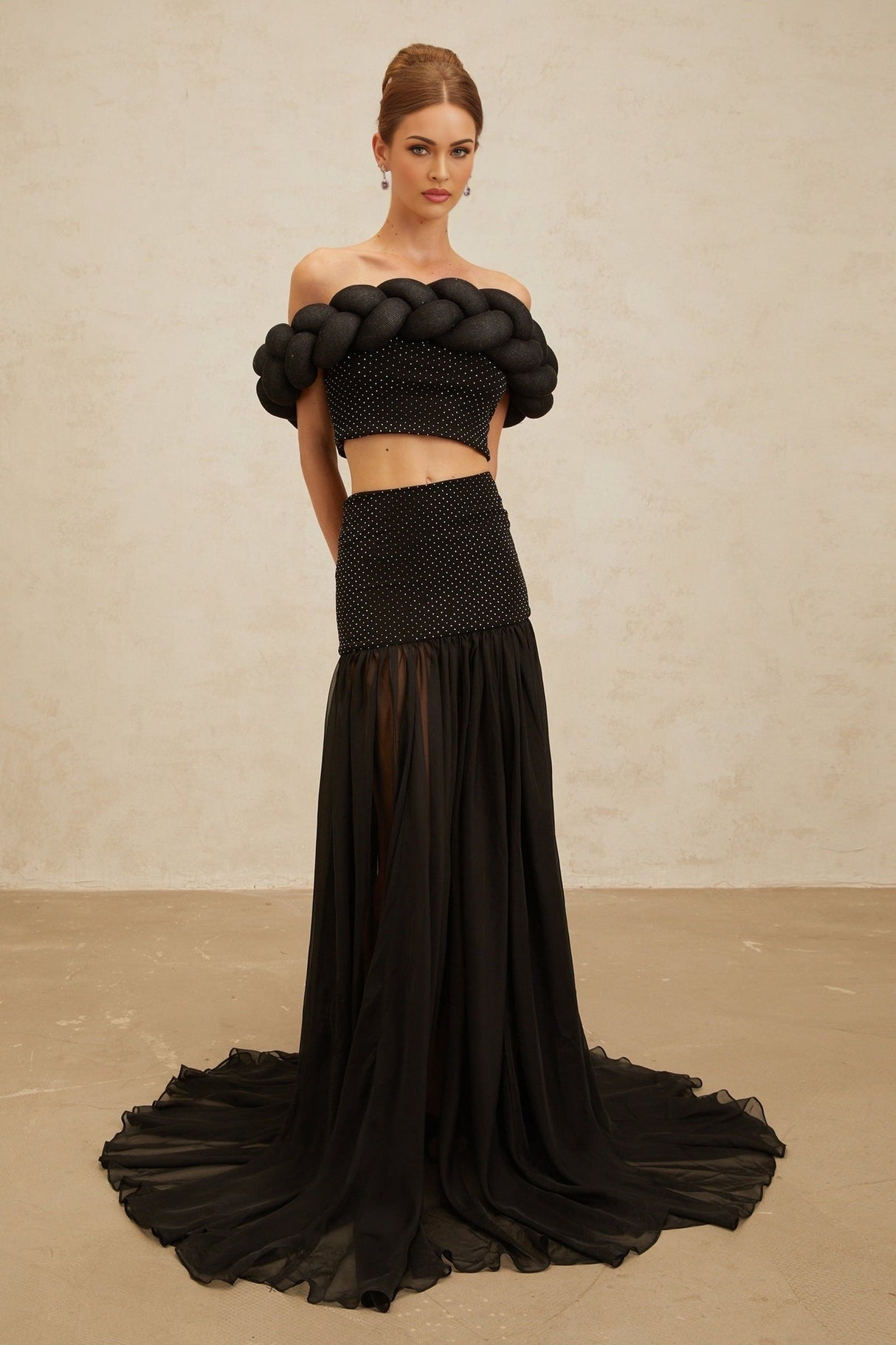 Lacey Crop Top - Off - the - shoulder - Braid Detail - Rhinestone Embellishments