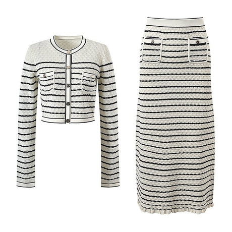 Lacey Cropped Cardigan and Midi Skirt Set - Striped Pattern - Ruffled Hem with Button Accents