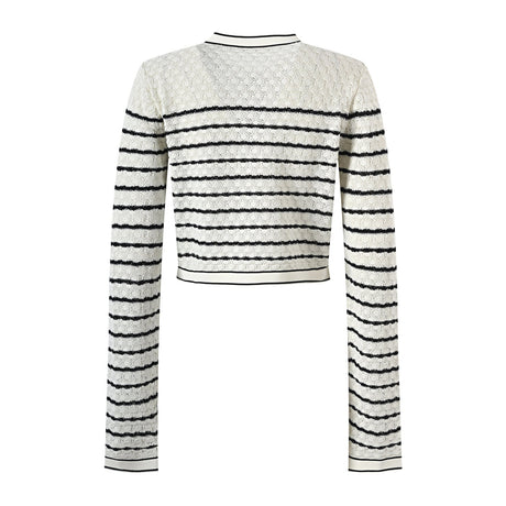 Lacey Cropped Cardigan and Midi Skirt Set - Striped Pattern - Ruffled Hem with Button Accents