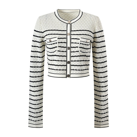 Lacey Cropped Cardigan and Midi Skirt Set - Striped Pattern - Ruffled Hem with Button Accents