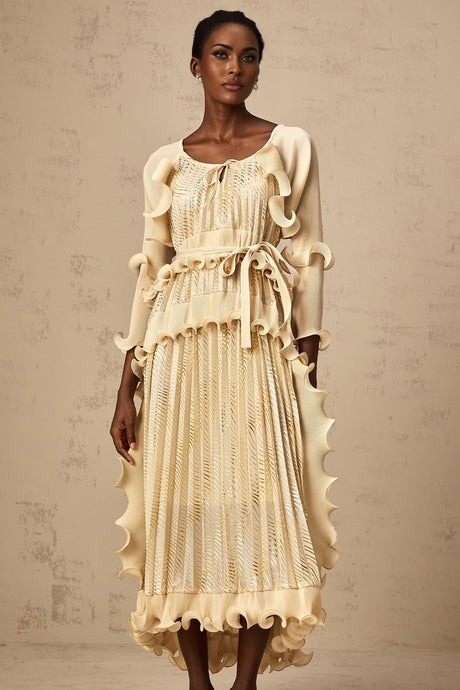 Lacey Midi Dress - Ruffled Detailing & Wavy Pattern