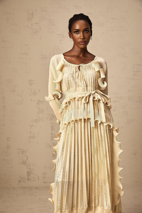 Lacey Midi Dress - Ruffled Detailing & Wavy Pattern