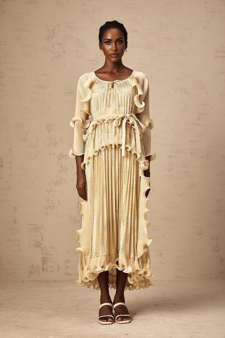 Lacey Midi Dress - Ruffled Detailing & Wavy Pattern