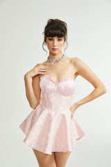 Lacey Mini Dress Pink Jacquard Off The Shoulder Flare Hem