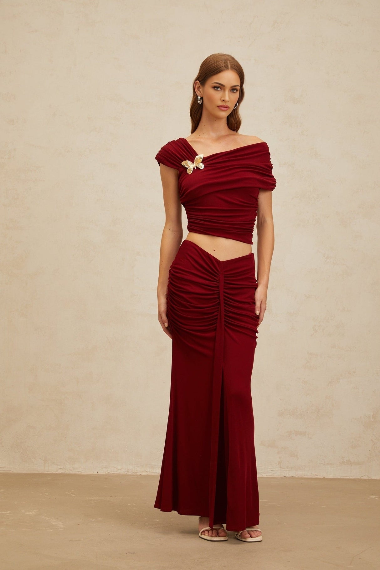 Lacey Top & Skirt - Mono Shoulder - Butterfly Brooch - Ruched Detailing - Asymmetrical Design - Mermaid Hem