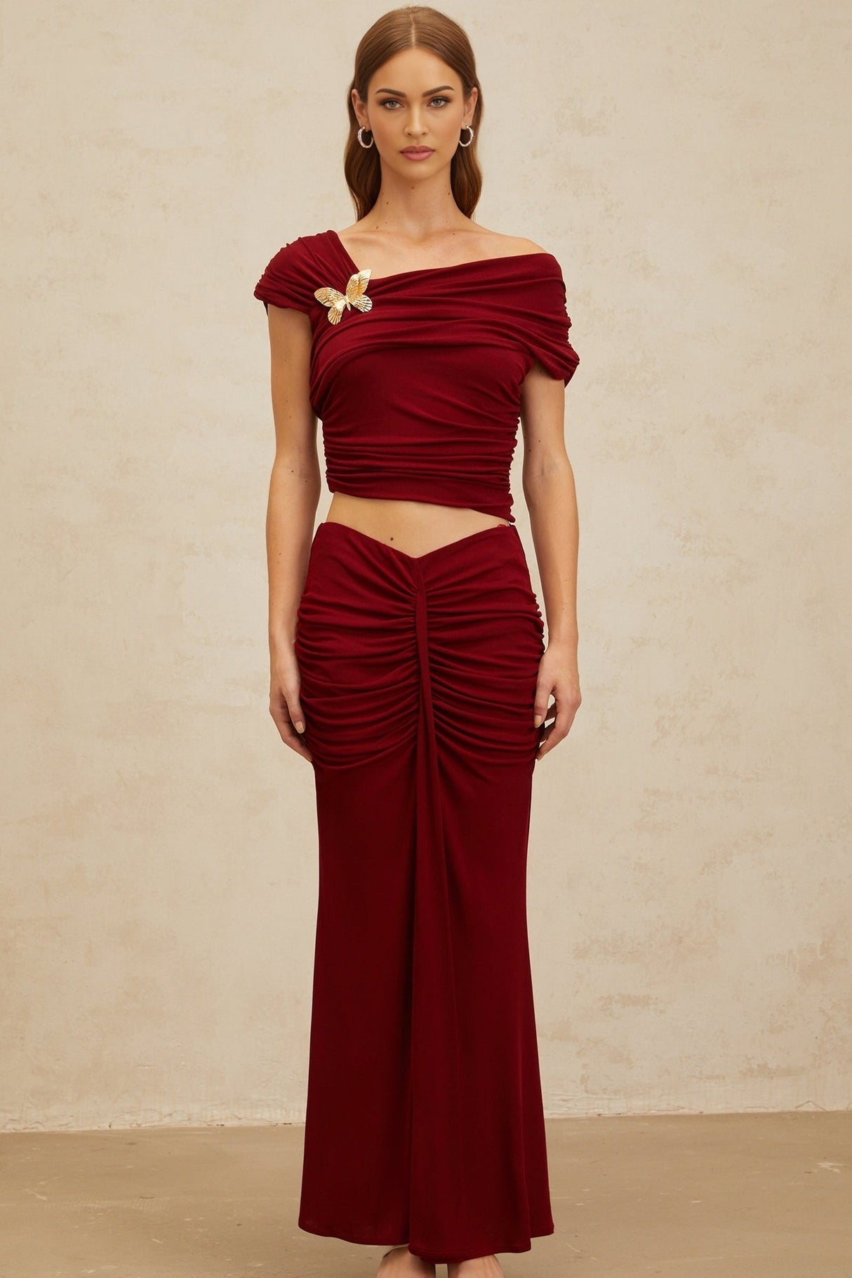 Lacey Top & Skirt - Mono Shoulder - Butterfly Brooch - Ruched Detailing - Asymmetrical Design - Mermaid Hem