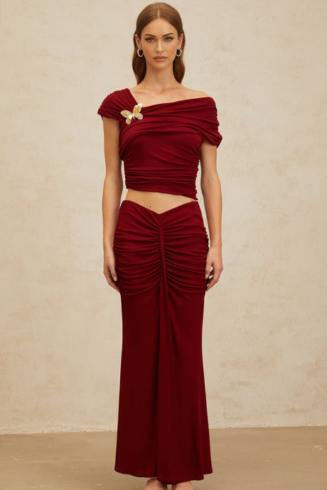 Lacey Top & Skirt - Mono Shoulder - Butterfly Brooch - Ruched Detailing - Asymmetrical Design - Mermaid Hem