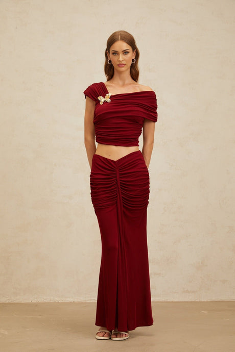 Lacey Top & Skirt - Mono Shoulder - Butterfly Brooch - Ruched Detailing - Asymmetrical Design - Mermaid Hem