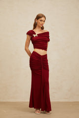 Lacey Top & Skirt - Mono Shoulder - Butterfly Brooch - Ruched Detailing - Asymmetrical Design - Mermaid Hem