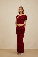 Lacey Top & Skirt - Mono Shoulder - Butterfly Brooch - Ruched Detailing - Asymmetrical Design - Mermaid Hem