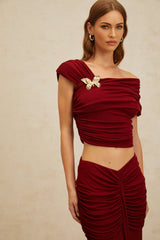 Lacey Top & Skirt - Mono Shoulder - Butterfly Brooch - Ruched Detailing - Asymmetrical Design - Mermaid Hem