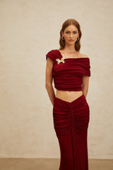 Lacey Top & Skirt - Mono Shoulder - Butterfly Brooch - Ruched Detailing - Asymmetrical Design - Mermaid Hem