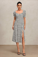 Laila White Floral Print Puff Sleeve Midi Dress with Slit