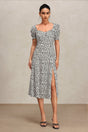Laila White Floral Print Puff Sleeve Midi Dress with Slit