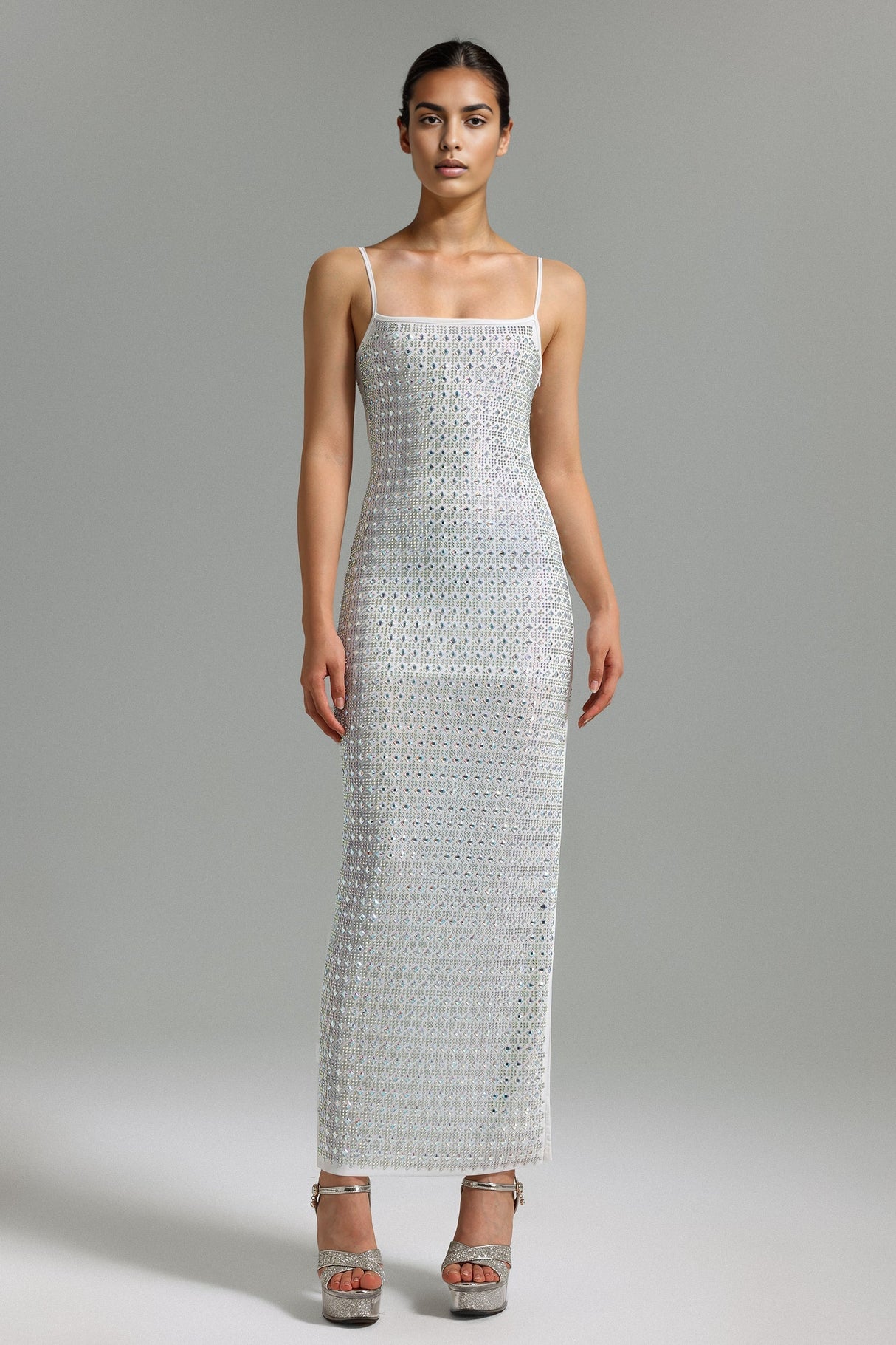 Laila White Halter Maxi Dress with Diamante Detailing for Evening Events