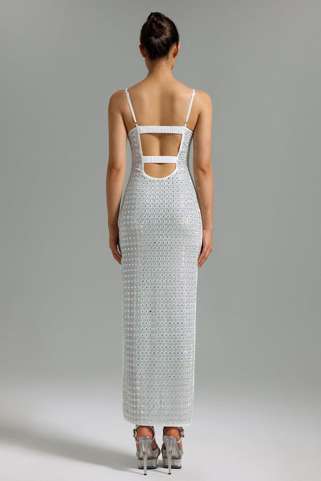 Laila White Halter Maxi Dress with Diamante Detailing for Special Occasions