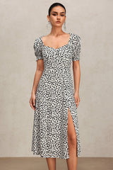 Laila White Midi Dress with Square Neckline and Puff Sleeves