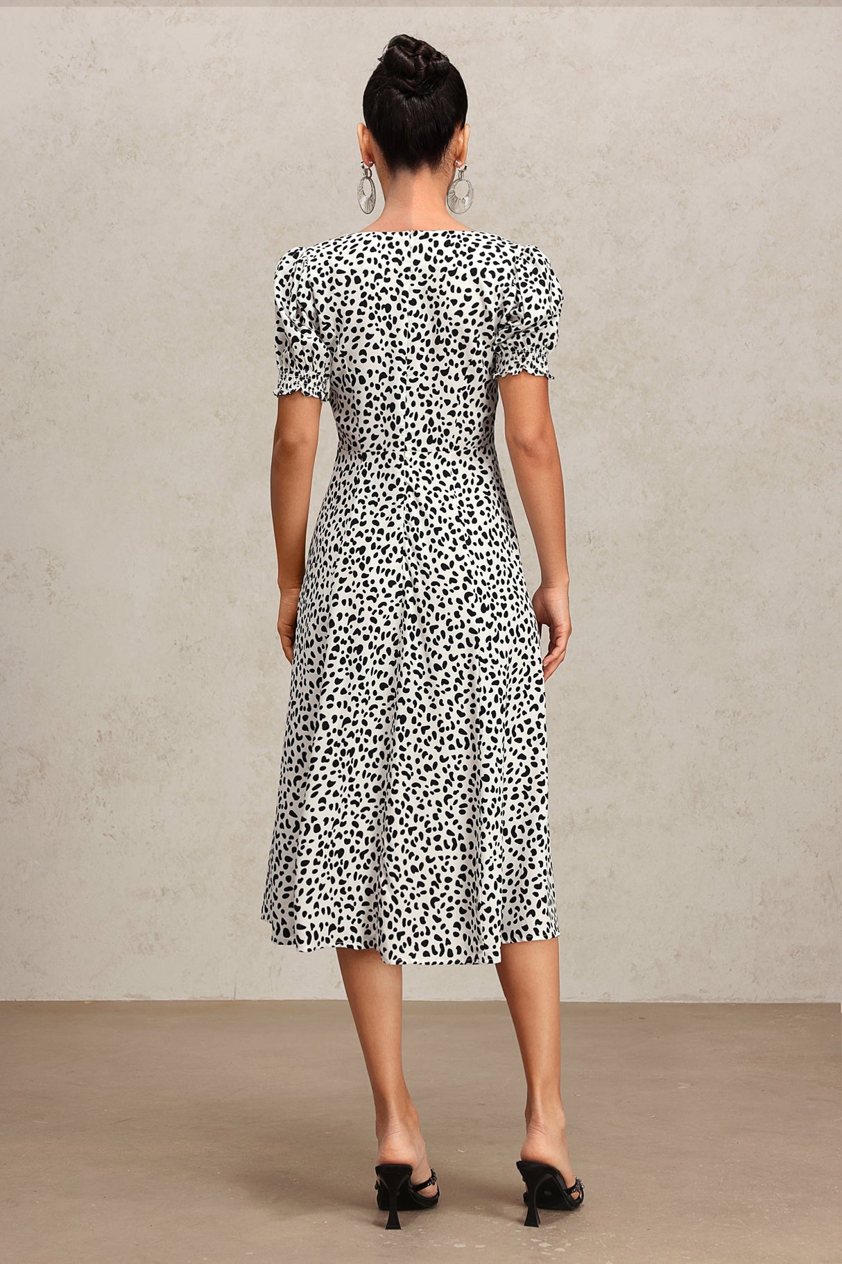 Laila White Midi Dress Square Neckline Puff Sleeves Eye-Catching Print Daring Slit Versatile Staple