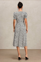 Laila White Midi Dress Square Neckline Puff Sleeves Eye-Catching Print Daring Slit Versatile Staple